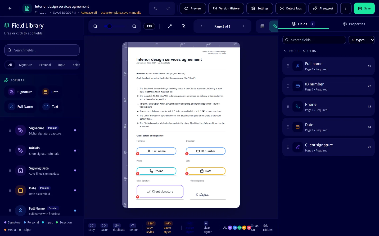 The LeonAI Signs template builder with a service agreement and its signature fields