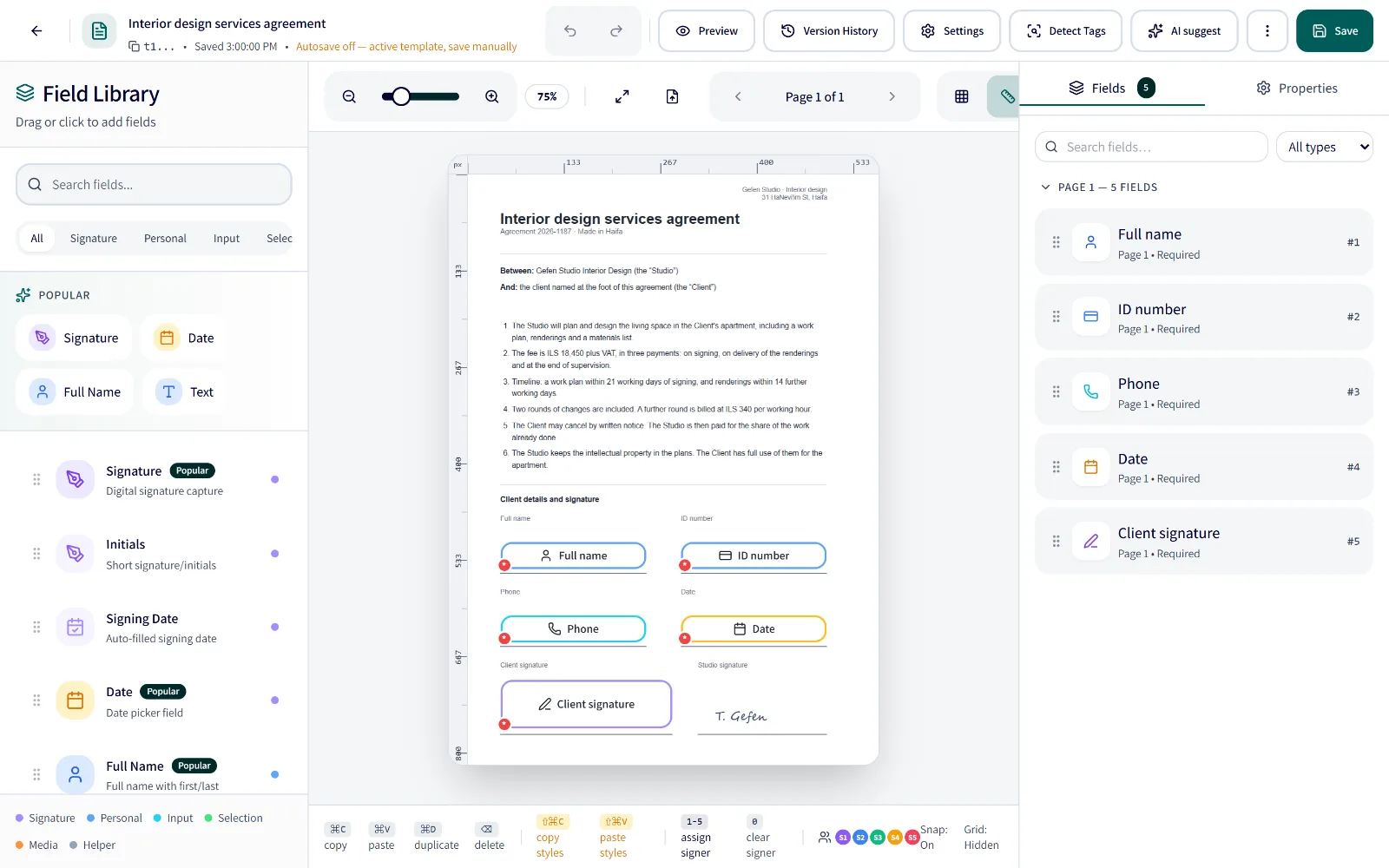 The LeonAI Signs template builder with a service agreement and its signature fields