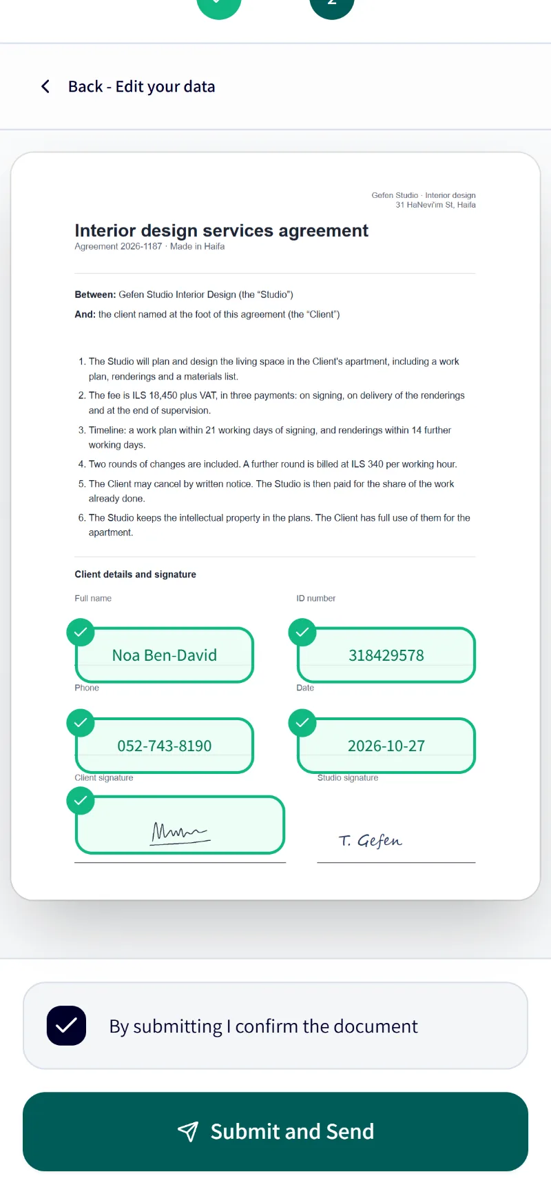 The signing ceremony on a phone, after the client signed