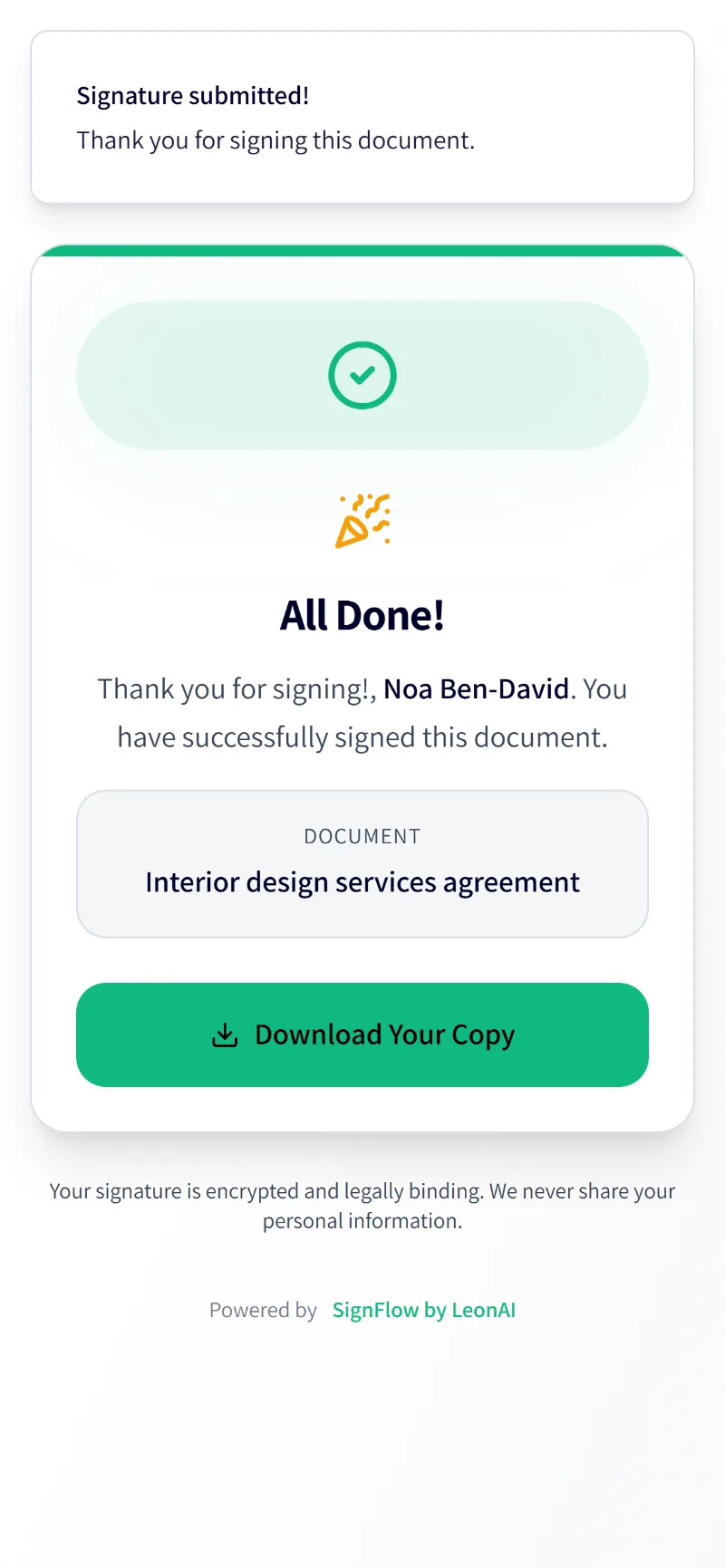 The finish screen: the document is signed and a copy can be downloaded
